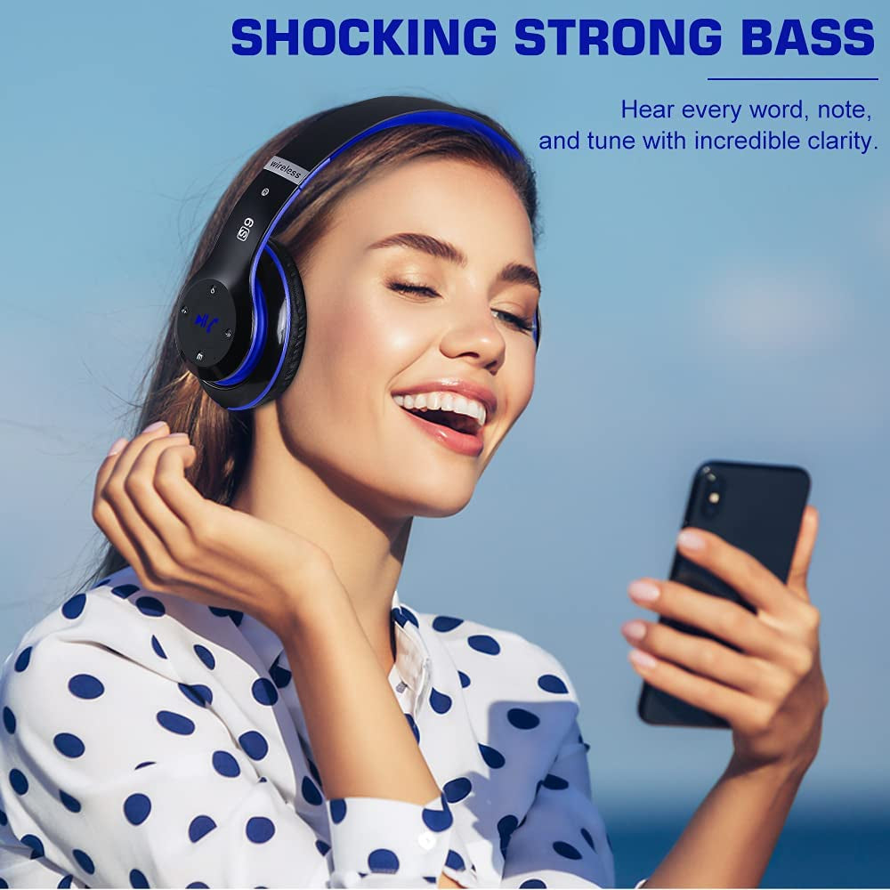 6S Bluetooth Headphones Over-Ear, Hi-Fi Stereo Foldable Wireless Stereo Headsets Earbuds with Built-In Mic, Volume Control, FM for Iphone/Samsung/Ipad/Pc (Black & Blue)