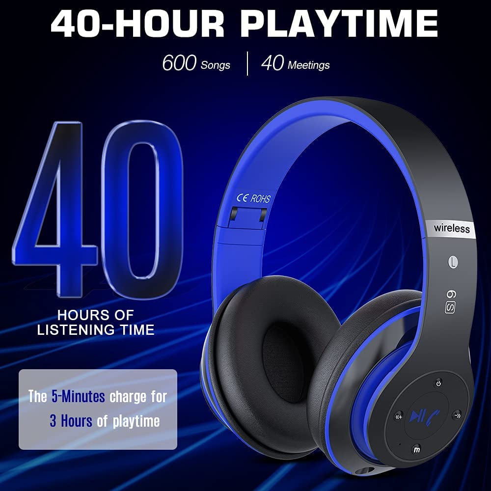 6S Bluetooth Headphones Over-Ear, Hi-Fi Stereo Foldable Wireless Stereo Headsets Earbuds with Built-In Mic, Volume Control, FM for Iphone/Samsung/Ipad/Pc (Black & Blue)