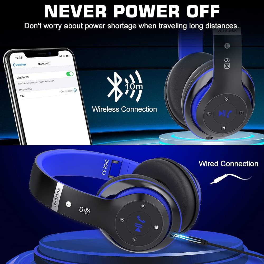 6S Bluetooth Headphones Over-Ear, Hi-Fi Stereo Foldable Wireless Stereo Headsets Earbuds with Built-In Mic, Volume Control, FM for Iphone/Samsung/Ipad/Pc (Black & Blue)