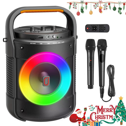 Karaoke Machine, Bluetooth Speaker with RGB Light, Karaoke Machine with 2 Microphones, Powerful Subwoofer, Portable Speaker System Supports TF Card/Usb, AUX/MIC In, D12