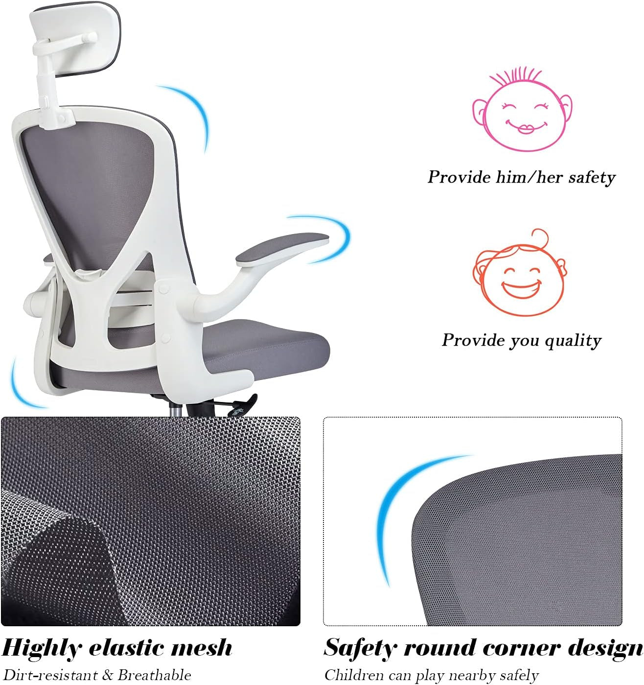 Dedeo Ergonomic Office Chair, Home Office Computer Chair, High Back Mesh Desk Chair with Adjustable Lumbar Support and Headrest, Tilt Function, Thick Seat Cushion Breathable Mesh Computer Chair