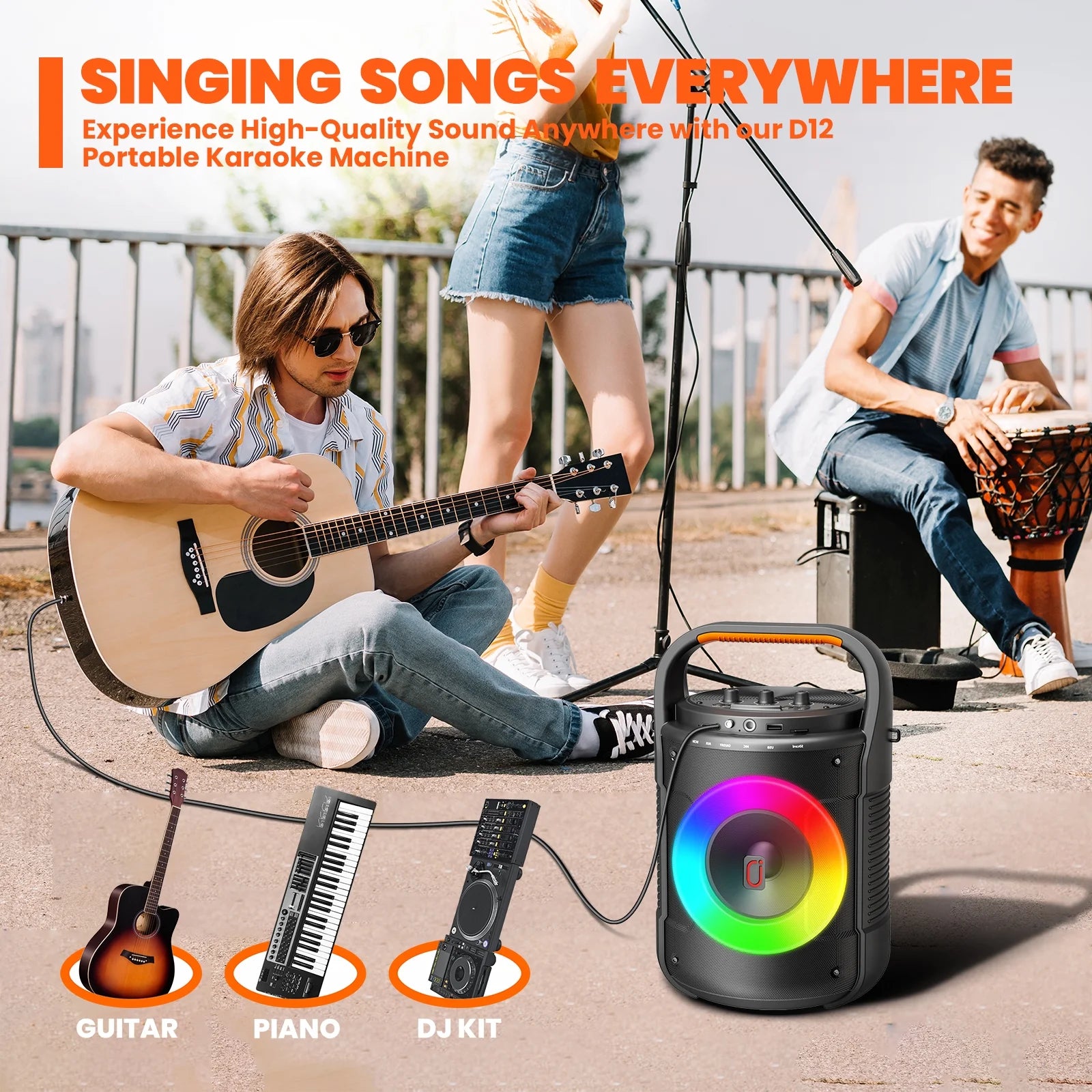 Karaoke Machine, Bluetooth Speaker with RGB Light, Karaoke Machine with 2 Microphones, Powerful Subwoofer, Portable Speaker System Supports TF Card/Usb, AUX/MIC In, D12