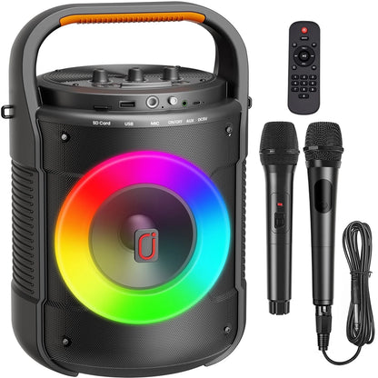 Karaoke Machine, Bluetooth Speaker with RGB Light, Karaoke Machine with 2 Microphones, Powerful Subwoofer, Portable Speaker System Supports TF Card/Usb, AUX/MIC In, D12