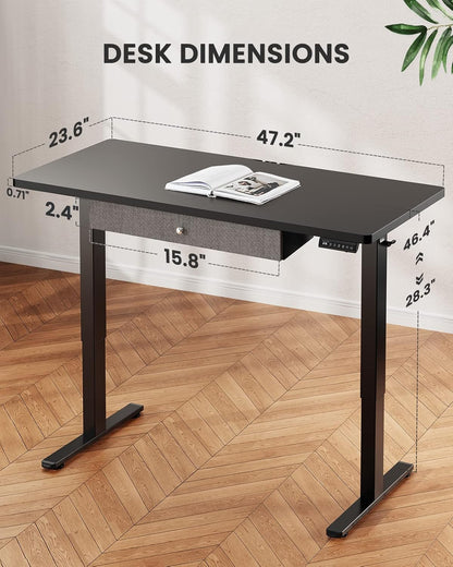 Electric Standing Desk with Drawer, Adjustable Height Sit Stand up Desk, Home Office Desk Computer Workstation, 48X24 Inches, Black