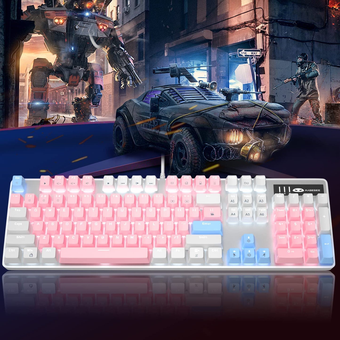 Mechanical Gaming Keyboard, New Upgraded Blue Switch 104 Keys White Backlit Keyboards, USB Wired Mechanical Computer Keyboard for Laptop, Desktop, PC Gamers(White & Pink)