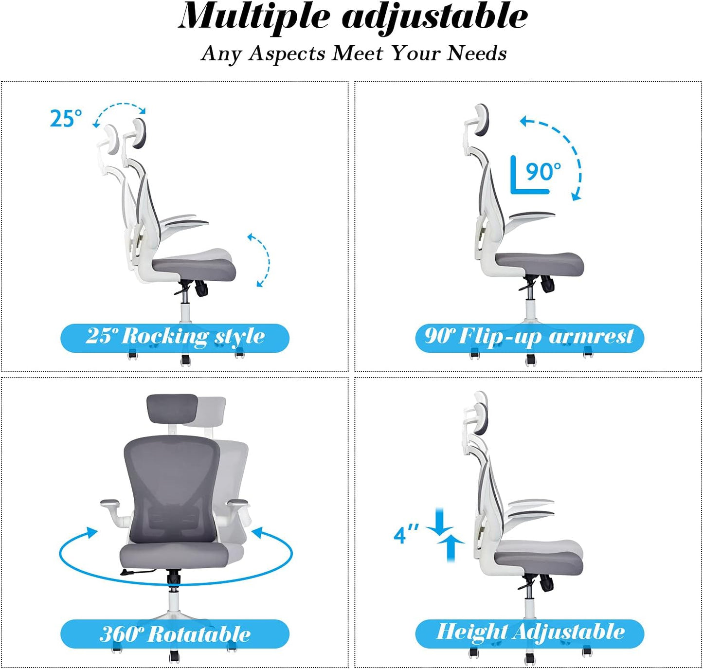 Dedeo Ergonomic Office Chair, Home Office Computer Chair, High Back Mesh Desk Chair with Adjustable Lumbar Support and Headrest, Tilt Function, Thick Seat Cushion Breathable Mesh Computer Chair