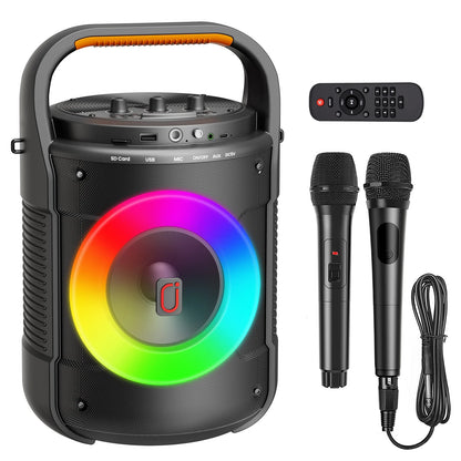 Karaoke Machine, Bluetooth Speaker with RGB Light, Karaoke Machine with 2 Microphones, Powerful Subwoofer, Portable Speaker System Supports TF Card/Usb, AUX/MIC In, D12