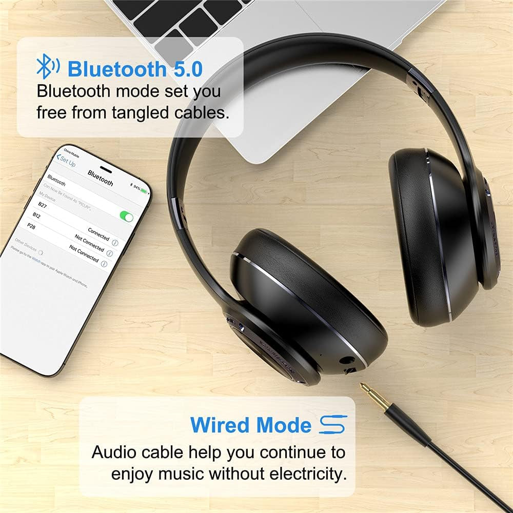 Bluetooth Headphones 100 Hours Wireless Gaming Headphones over Ear Low Latency Stereo Deep Bass, Built-In Microphone, Foldable Adjustable Wired/Wireless Headset for Phone/Tv/Pc Kids Teens Adults