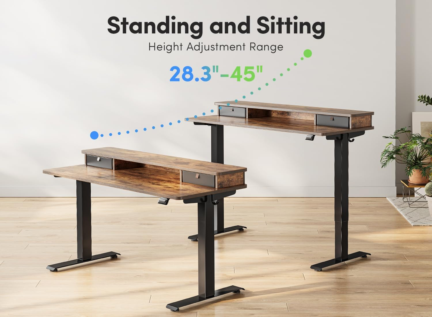 55 X 24 Inch Height Adjustable Electric Standing Desk with Double Drawer, Stand up Desk with Storage Shelf, Sit Stand Desk, Rustic Brown