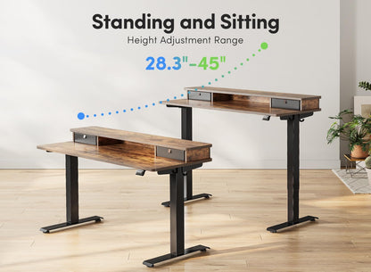 55 X 24 Inch Height Adjustable Electric Standing Desk with Double Drawer, Stand up Desk with Storage Shelf, Sit Stand Desk, Rustic Brown