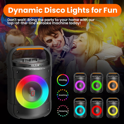 Karaoke Machine, Bluetooth Speaker with RGB Light, Karaoke Machine with 2 Microphones, Powerful Subwoofer, Portable Speaker System Supports TF Card/Usb, AUX/MIC In, D12