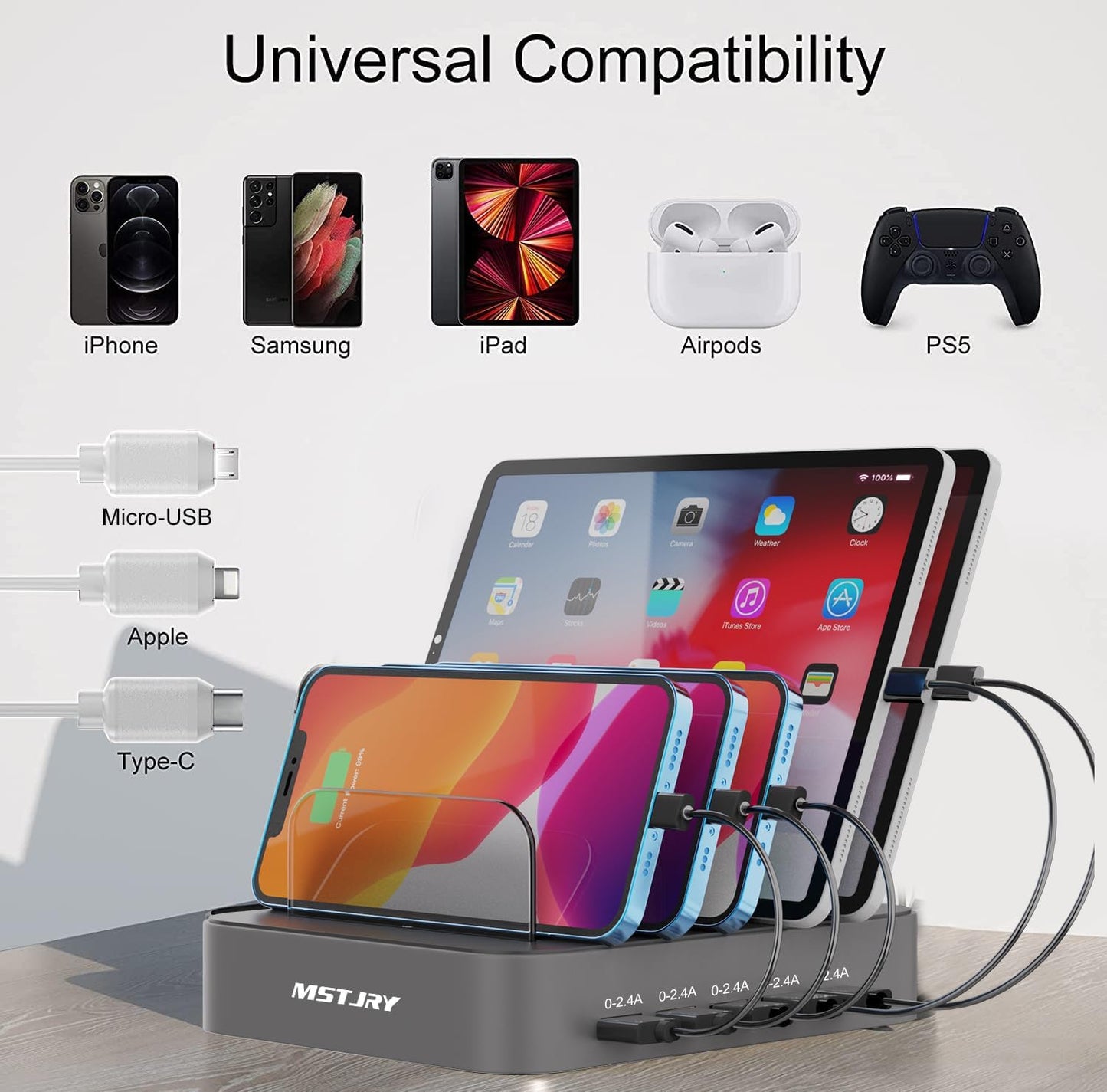 Charging Station for Multiple Devices: Valentines Day Gifts for Her Him - 5 Port USB-A Charging Dock Charger Stations Designed for Iphone Ipad Cell Phone Tablets (7 Short Cables Included)